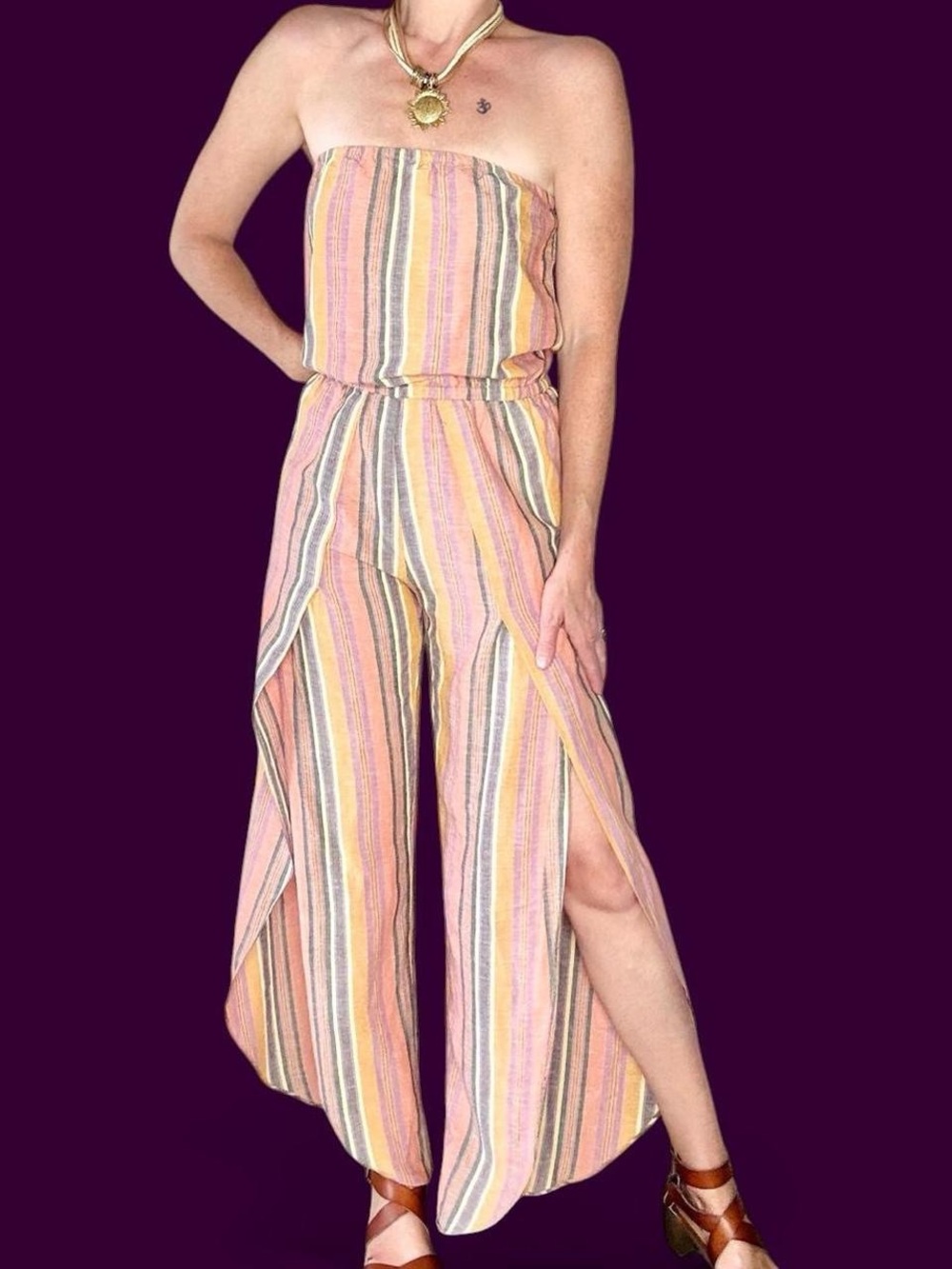 Drew Anthropology Colorful Stripes Linen Tube Top Jumpsuit